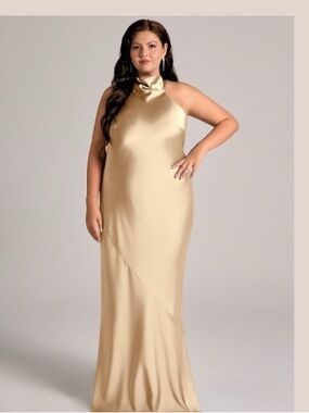 Azazie Gold Satin Halter Evening Gown